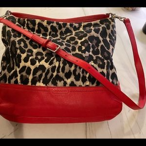 Large Coach Animal Print with Red Leather Detail Bag